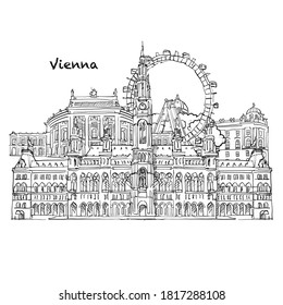 Famous buildings of Vienna, Austria Composition. Hand-drawn black and white vector illustration. Grouped and movable objects.