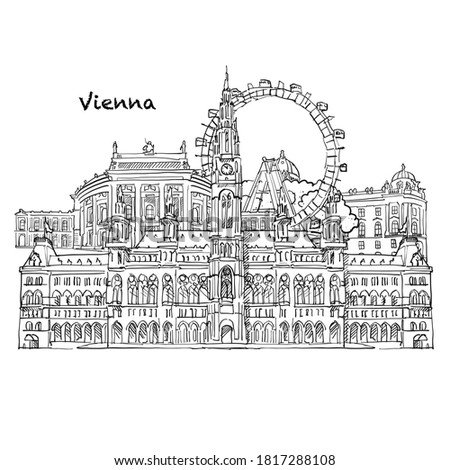 Famous buildings of Vienna, Austria Composition. Hand-drawn black and white vector illustration. Grouped and movable objects.