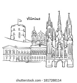 Famous buildings of Vilnius, Lithuania Composition. Hand-drawn black and white vector illustration. Grouped and movable objects.