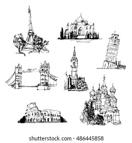 Famous buildings of the world. Collection of an hand drawn illustrations. Sightseeing trip. Freehand drawing. Isolated on white background.