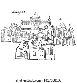 Famous buildings of Zagreb, Croatia (Hrvatska) Composition. Hand-drawn black and white vector illustration. Grouped and movable objects.