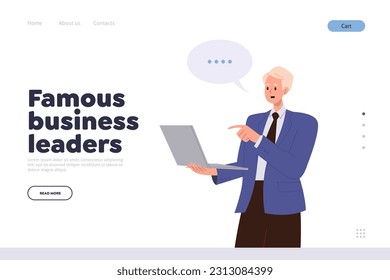 Famous business leader concept for landing page with businessman working online using laptop