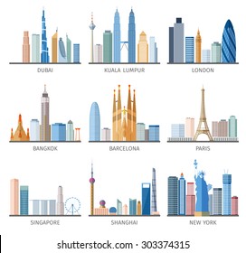 Famous capitals and cities characteristic downtown business center edifice buildings silhouettes day skyline abstract isolated vector illustration svg