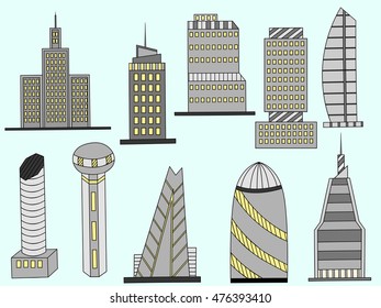 Famous capitals and cities characteristic downtown business center edifice buildings silhouettes day skyline abstract isolated vector illustration