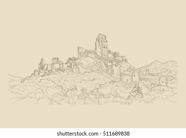 Famous Castle Landscape. Ancient Architectural Ruins Background. Castle building on the hill skyline etching.