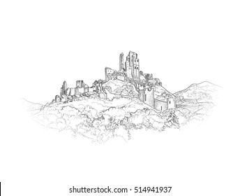 Famous Castle Landscape. Ancient Architectural Ruins Background. Castle building on the hill skyline etching. British Landmark Engraving. Hand drawn sketch  illustration.