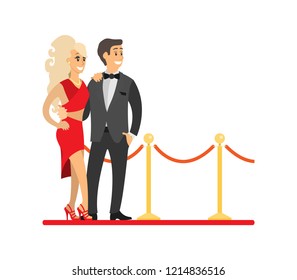 Famous celebrities couple on red carpet. Woman in dress near man wearing tuxedo, actress and actor, singer or superstar vector illustration isolated.