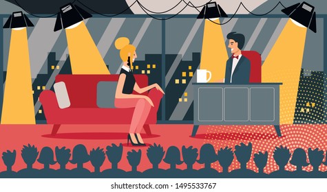 Famous Celebrity In Late Night Talk Show Vector Illustration. Woman Guest Man Host Discussion, Audience Watch. Television Broadcasting, Entertainment Production. Female Star Interview