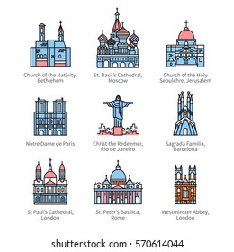 Famous Christian churches & cathedrals, Christ the Redeemer statue. City travel landmarks. Thin line art icons with flat colorful design elements. Modern linear style illustrations isolated on white.