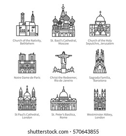 Famous Christian churches & cathedrals, Christ the Redeemer statue. City travel landmarks. Thin black line art icons with flat design elements. Modern linear style illustrations isolated on white.