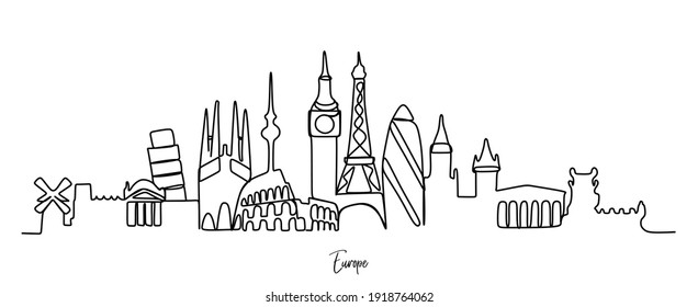 Famous Cities in Europe skyline    Continuous one line drawing