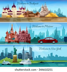 Famous cities horizontal banners set with budapest and moscow tourist buildings isolated vector illustration