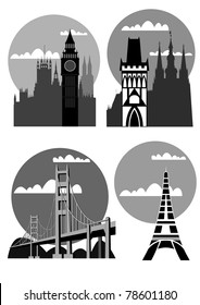 famous cities - London, Paris, San Francisco, Prague - vector