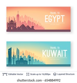 Famous city views. Flat well known silhouettes. Vector illustration easy to edit.