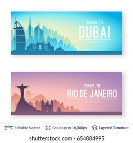 Famous city views. Flat well known silhouettes. Vector illustration easy to edit.