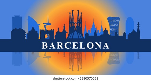 Famous cityscape of Barcelona. Flat well known silhouettes. Image for presentation, banner, website. Vector illustration.