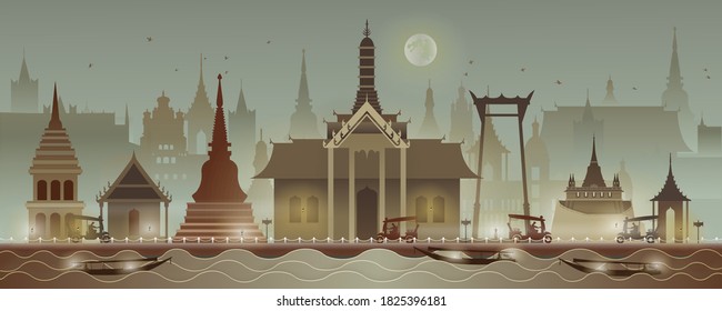 Famous Cityscape of Thailand in Panorama Vector illustration. Tourism Concept with Historic Architecture and Holy Landmarks in silhouette and night version.