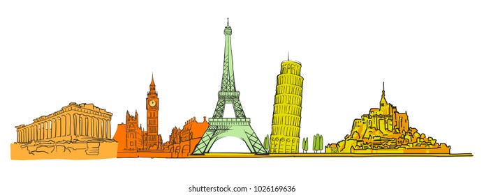 Famous colored landmarks set. Hand-drawn sketches in beautiful outlines and colors. Modern vector illustration in vintage style.