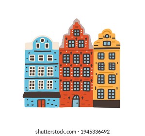 Famous colorful houses on Stortorget or Grand Square in Stockholm, Sweden. Notable Swedish building. Colored flat vector illustration of ancient Scandinavian architecture isolated on white background