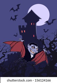 Famous count Dracula flying on the background of his castle