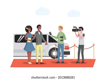 Famous couple in evening wears arriving at the red carpet on white limousine vector flat illustration. Celebrities posing to paparazzi, journalist interviewing actors or singers at social party.