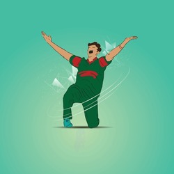 Famous Cricket Player Celebrating Match Winning Moment Vector Illustration On Green Background. World Cricket Championship.