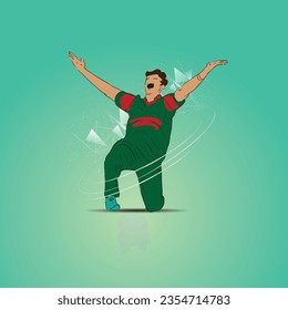 Famous cricket player celebrating match winning moment vector illustration on green background. World cricket championship.