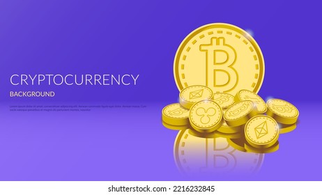 Famous cryptocurrency coins 3d artwork. Coins on a glass, coin reflection. Cryptocurrency banner background.