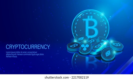 Famous cryptocurrency coins 3d artwork. Coins on a glass, coin reflection. Cryptocurrency banner background.