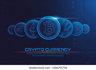 famous cryptocurrency coins artwork with texts , Vector illustrator
