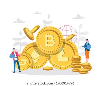 Famosas monedas de criptomoneda y gente de negocios pequeños. Ilustración vectorial para banner web, infografía, móvil. 