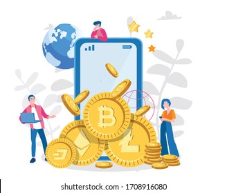 Famous cryptocurrency coins in smartphone and small business people. Vector illustration for web banner, infographics, mobile. 