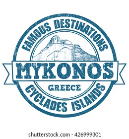 Famous destinations, Mykonos, stamp or label on white background, vector illustration