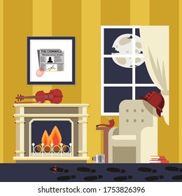 Famous detectives room, sherlock result vector illustration. Atmosphere for revealing complicated criminal case, crime. Man bowler hat and pipe hang on armchair, cartoon violin on fireplace.