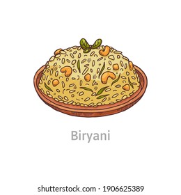 Famous dish biryani. Bowl with plov from rice, chicken and spices. Delicious authentic traditional indian food. Vector sketch illustration isolated on a white background.