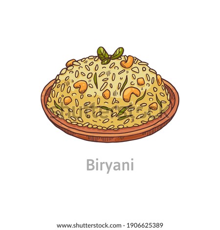 Famous dish biryani. Bowl with plov from rice, chicken and spices. Delicious authentic traditional indian food. Vector sketch illustration isolated on a white background.