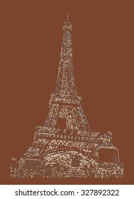 Famous Eiffel tower rendered with engraving effects.  Colorful strokes form an image of travel destination sight in France. Painting of Eiffel tower.
