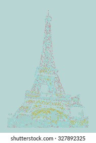 Famous Eiffel tower rendered with engraving effects.  Colorful strokes form an image of travel destination sight in France. Painting of Eiffel tower.