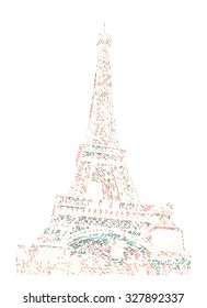 Famous Eiffel tower rendered with engraving effects.  Colorful strokes form an image of travel destination sight in France. Painting of Eiffel tower.