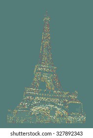 Famous Eiffel tower rendered with engraving effects.  Colorful strokes form an image of travel destination sight in France. Painting of Eiffel tower.