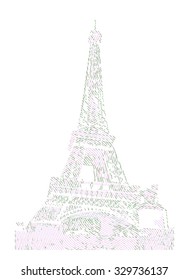 Famous Eiffel tower rendered with engraving effects.  Colorful strokes form an image of travel destination sight in France. Painting of Eiffel tower.