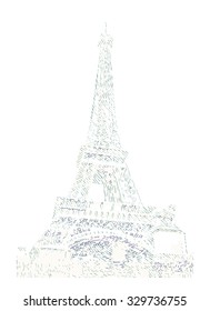 Famous Eiffel tower rendered with engraving effects.  Colorful strokes form an image of travel destination sight in France. Painting of Eiffel tower.