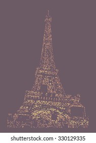 Famous Eiffel tower rendered with engraving effects.  Colorful strokes form an image of travel destination sight in France. Painting of Eiffel tower.