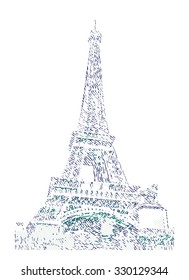 Famous Eiffel tower rendered with engraving effects.  Colorful strokes form an image of travel destination sight in France. Painting of Eiffel tower.