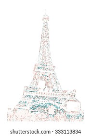 Famous Eiffel tower rendered with engraving effects.  Colorful strokes form an image of travel destination sight in France. Painting of Eiffel tower.