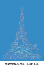 Famous Eiffel tower rendered with engraving effects.  Colorful strokes form an image of travel destination sight in France. Painting of Eiffel tower.