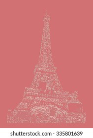 Famous Eiffel tower rendered with engraving effects.  Colorful strokes form an image of travel destination sight in France. Painting of Eiffel tower.