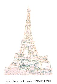 Famous Eiffel tower rendered with engraving effects.  Colorful strokes form an image of travel destination sight in France. Painting of Eiffel tower.