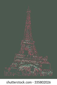 Famous Eiffel tower rendered with engraving effects.  Colorful strokes form an image of travel destination sight in France. Painting of Eiffel tower.