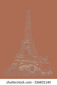 Famous Eiffel tower rendered with engraving effects.  Colorful strokes form an image of travel destination sight in France. Painting of Eiffel tower.
